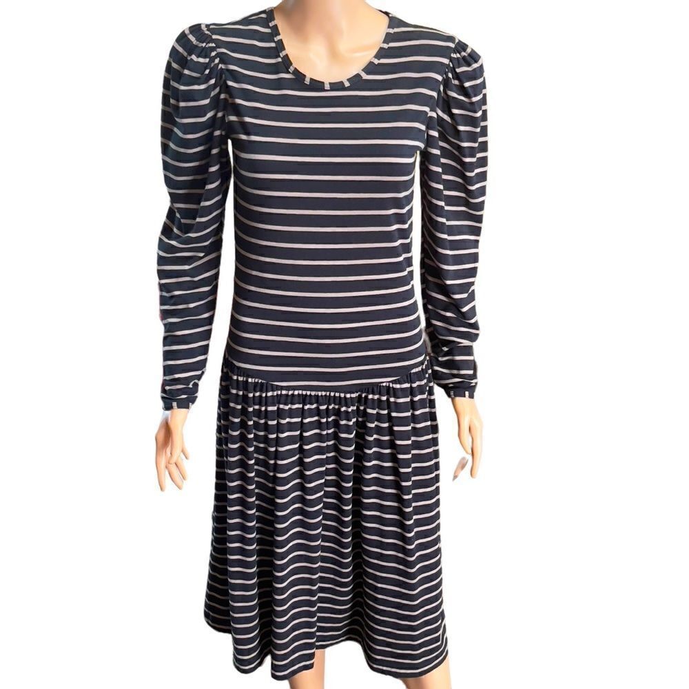 Kathryn Conover Stripe Puff Long Sleeve Drop Waist Dress MEDIUM